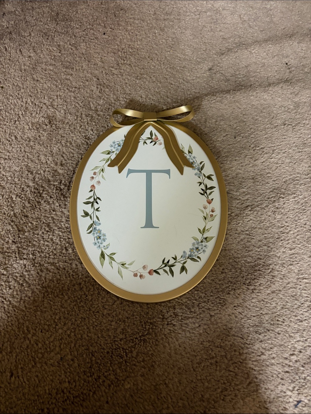 Hobby Lobby Gold-Trim Floral Monogram Plaque - Blue Letter T